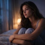 sonhar com ex pedindo perdão — mulher acordada à noite pensativa