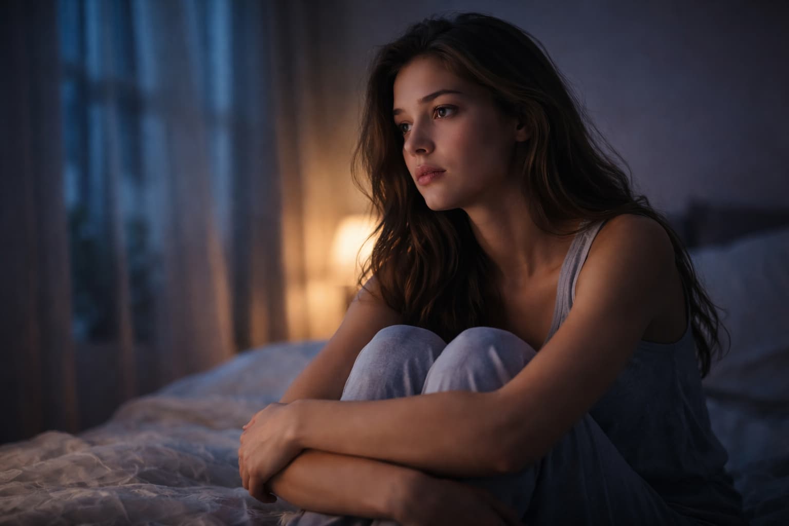 sonhar com ex pedindo perdão — mulher acordada à noite pensativa